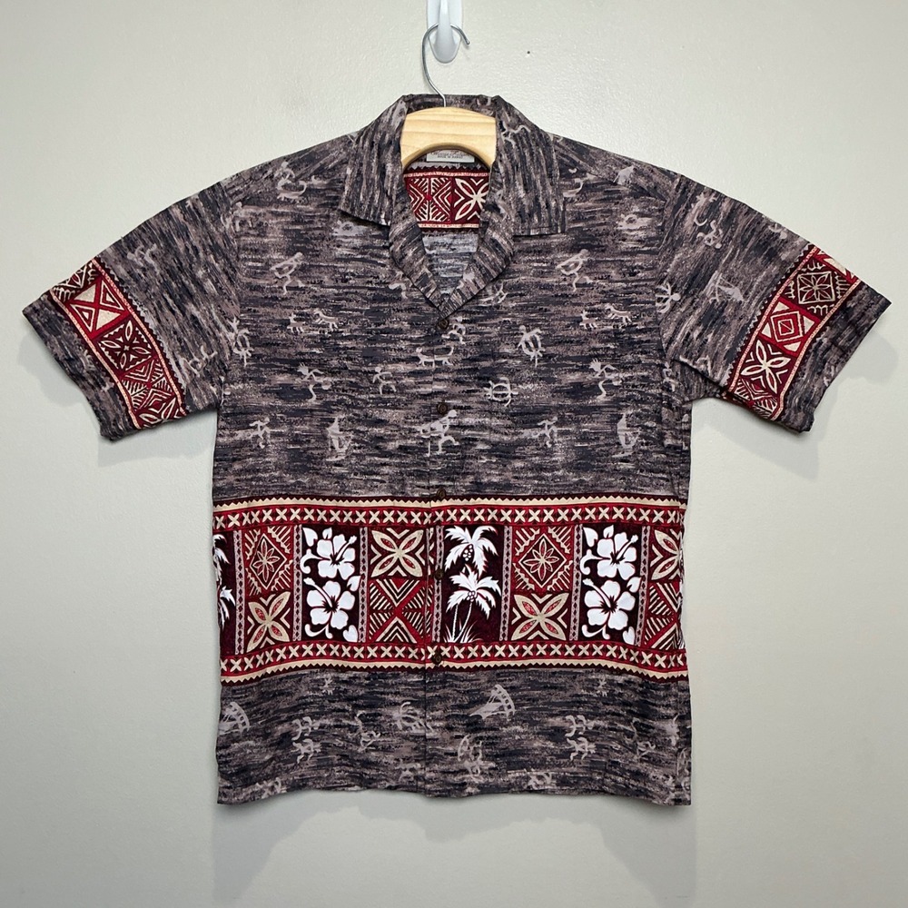 Winnie Fashion Mens Hawaiian‎ Shirt Medium Grey Burgundy Tribal Hibiscus Cotton